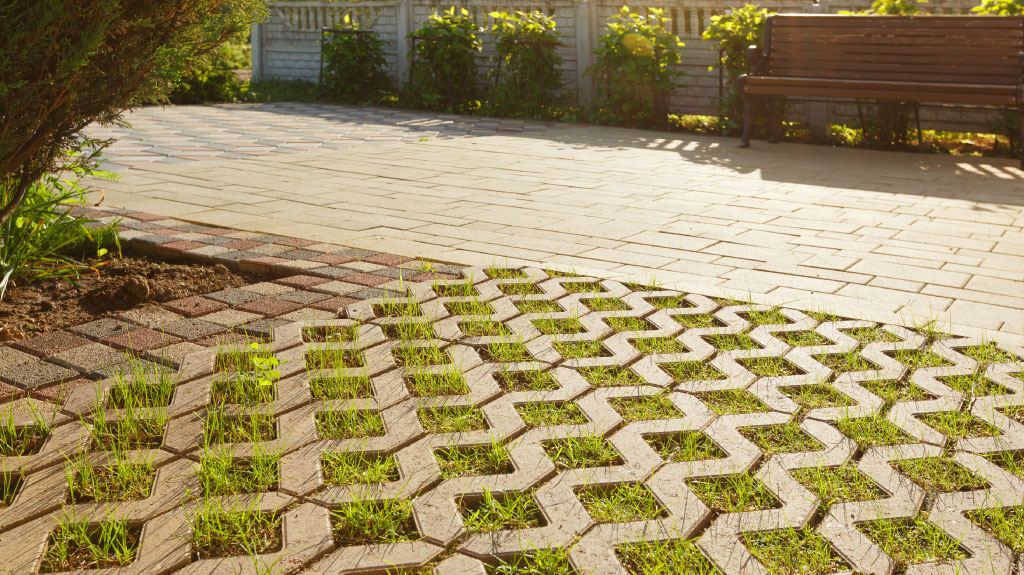 Eco-friendly coating - concrete lawn grill. Grass sprouted in the intervals of paving slabs.