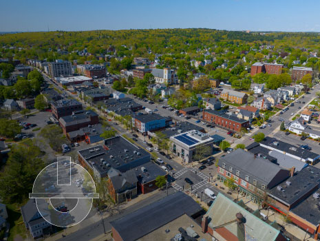 Historic commercial buildings aerial view on Main Street in historic city center of Melrose, Massachusetts MA, USA.