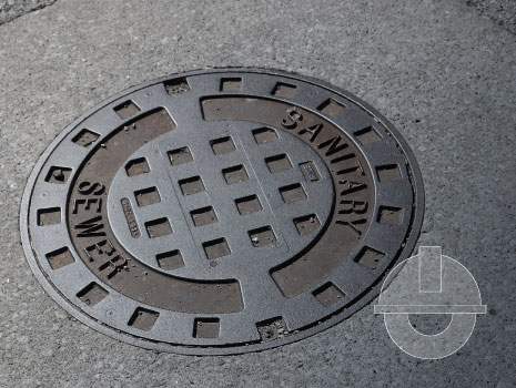 Closeup image of Sanitary Sewage manhole cover on road