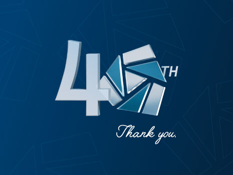 Dark blue gradient background with word 40th shown with the zero as the UTRS shield logo, and also the word thank you underneath.