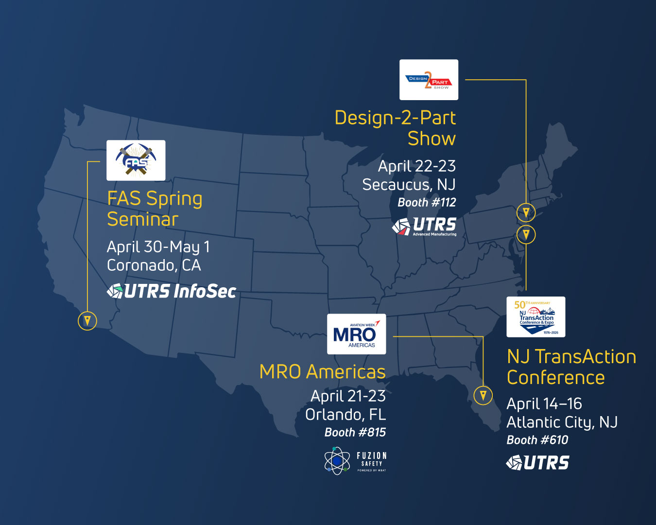Map of U.S. with pinpoints to each conference location UTRS will be attending
