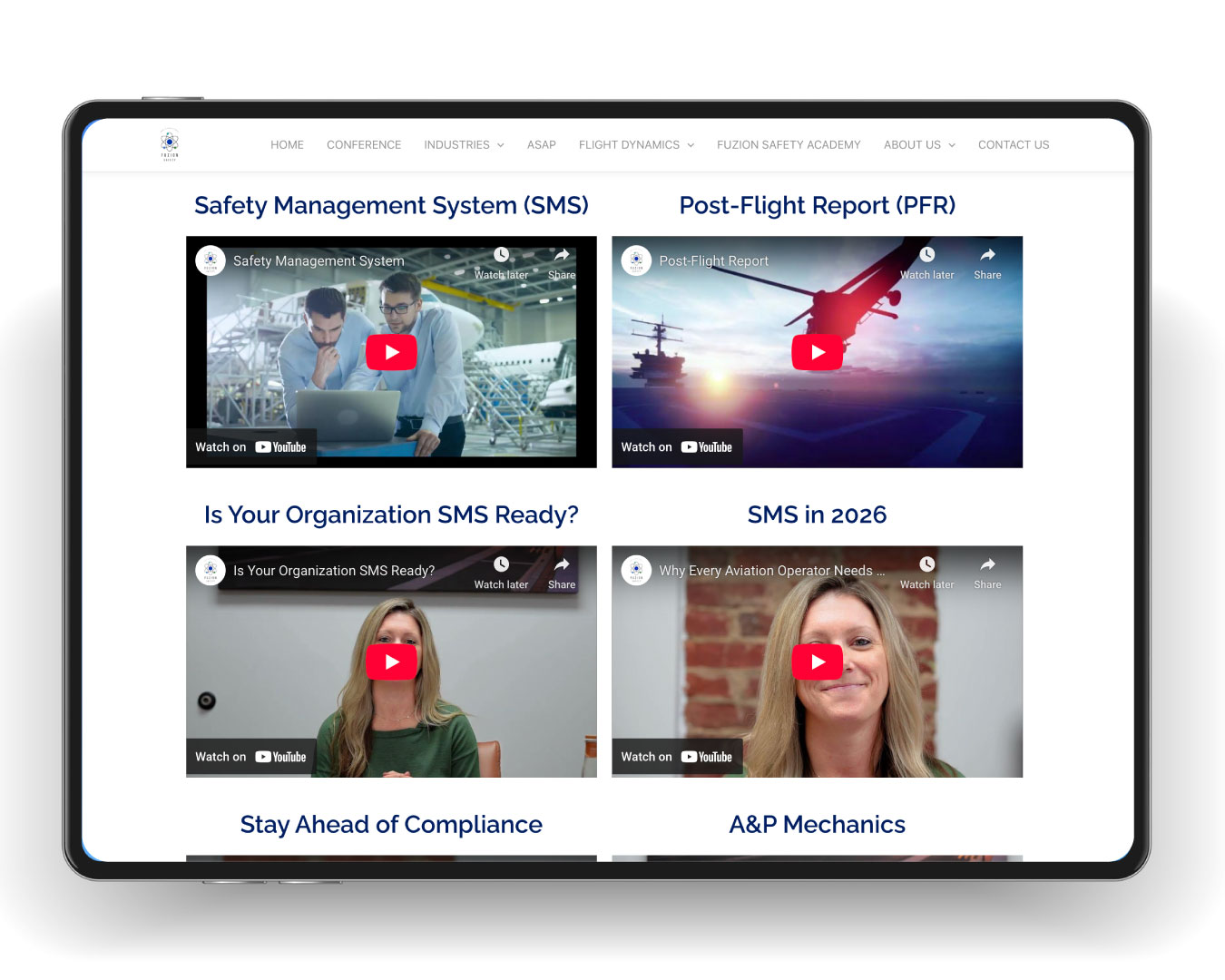 iPad showing sceenview of Fuzion Safety SMS Library video thumbnails
