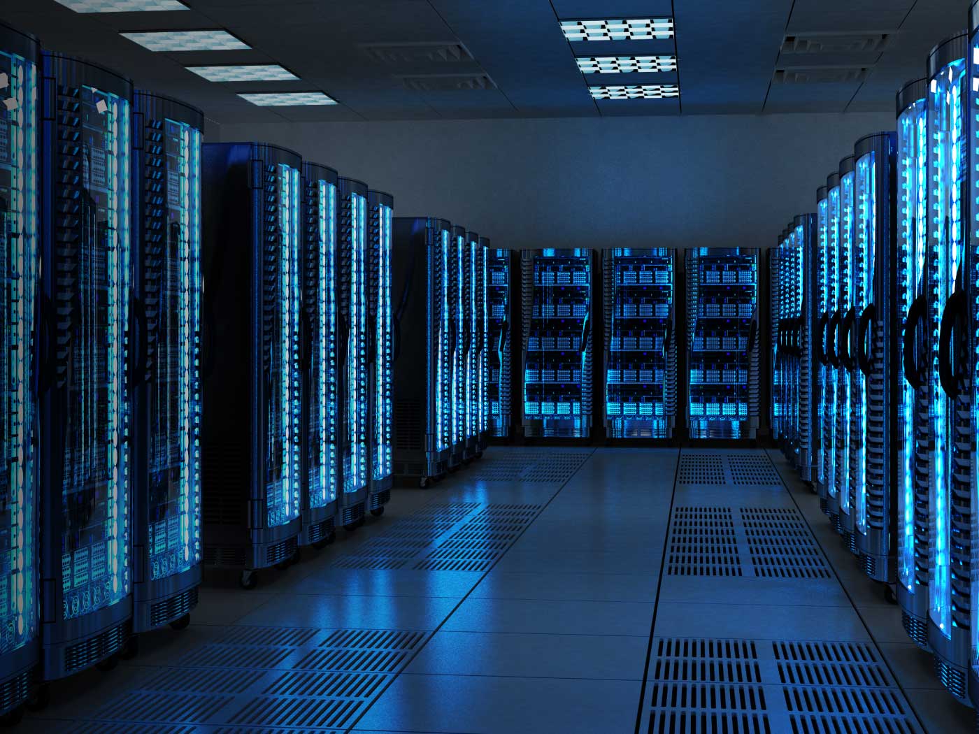 Server racks with telecommunication equipment in server room