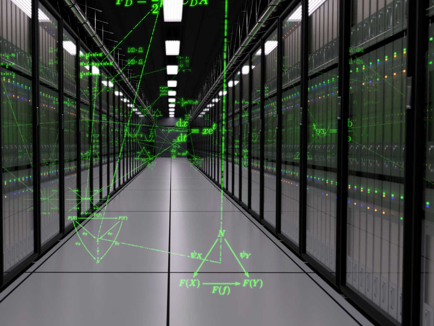 3d render of exascale datacenter computers performing calculations