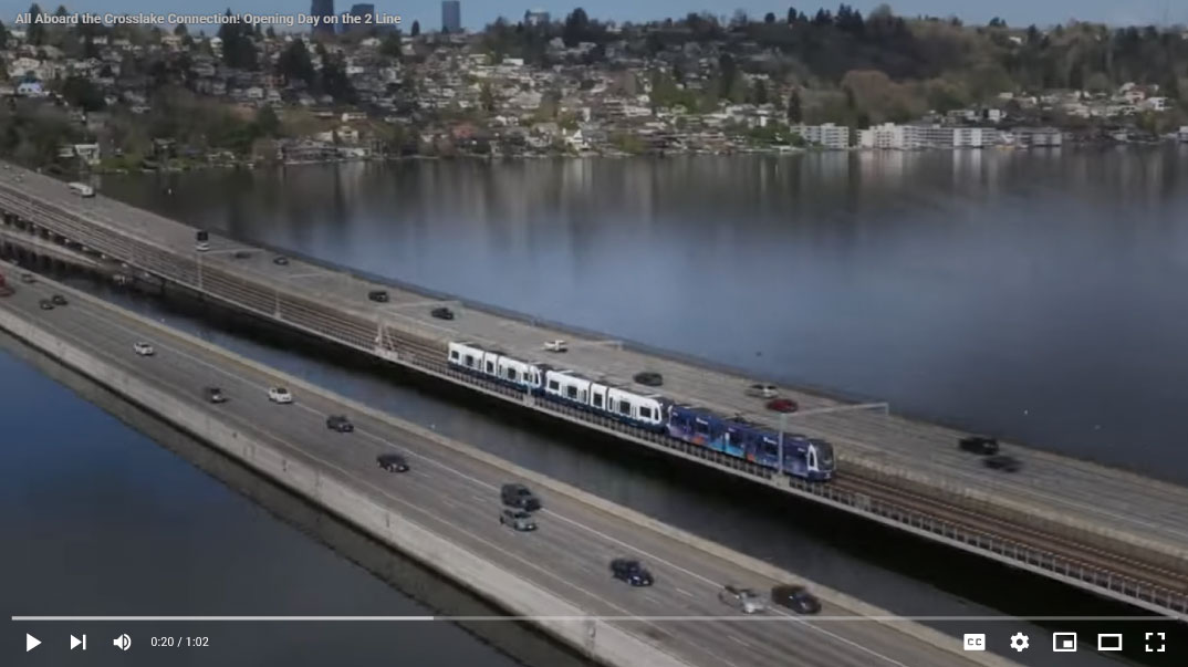 Train crossing on a floating bridge over Lake Washington in Seattle, WA. World's first light rail system over a floating bridge.