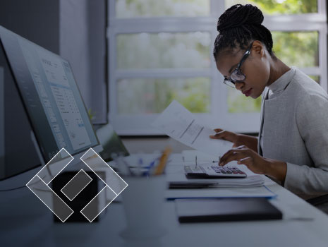 Accountant Using and Examining Accounts by Electronic Invoice Or Bill. Icon representing digital in bottom left corner.