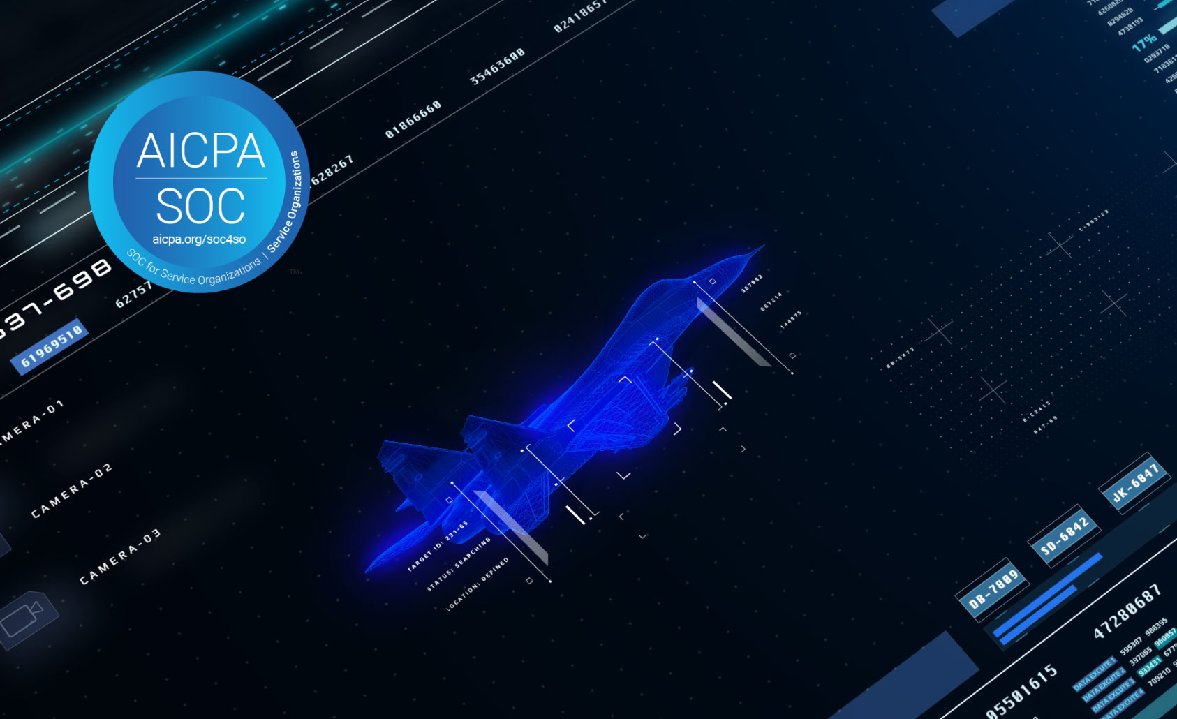 SOC 2 Type II Compliance Icon shown over Futuristic Military Jet Wireframe on Tactical Heads-Up Display Interface with Real-Time Flight Metrics and Data Analytics Dashboard 3D Rendering Illustration